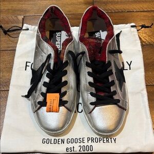 Golden Goose Silver Sneakers with Black Stars